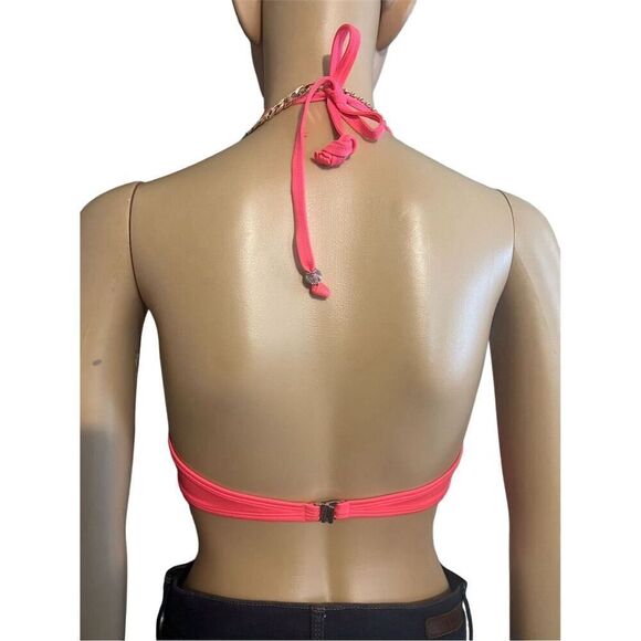 H&M Women's Hot Pink Halter Bikini Top Size 34A Padded Push-Up Adjustable Straps - Picture 3 of 5